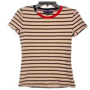 NEW Tommy Hilfigure Tan & Navy Striped Shirt With H Logo Hardware Neck Detail